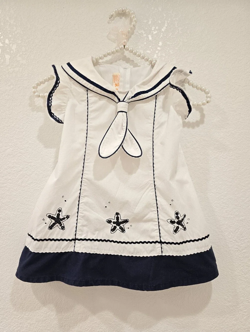 Cotton Dress White Navy Sea Stars Sequins Size 100/52 (3T)
